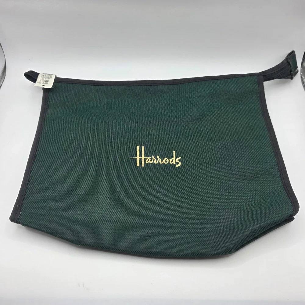 Harrods London Forest Green Canvas Zip Pouch Toiletry‎ Bag Gold Embroidered Logo